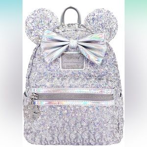 Loungefly X LASR Disney Holographic Sequin Minnie Mini Backpack and wallet
